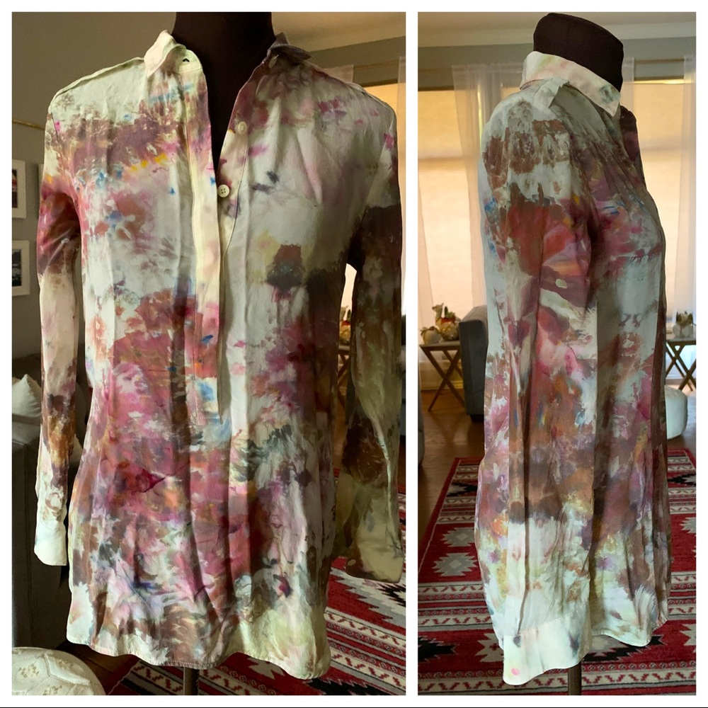 OOAK Tie Dye Ice Dye 100% Silk BR Tunic Blouse XS